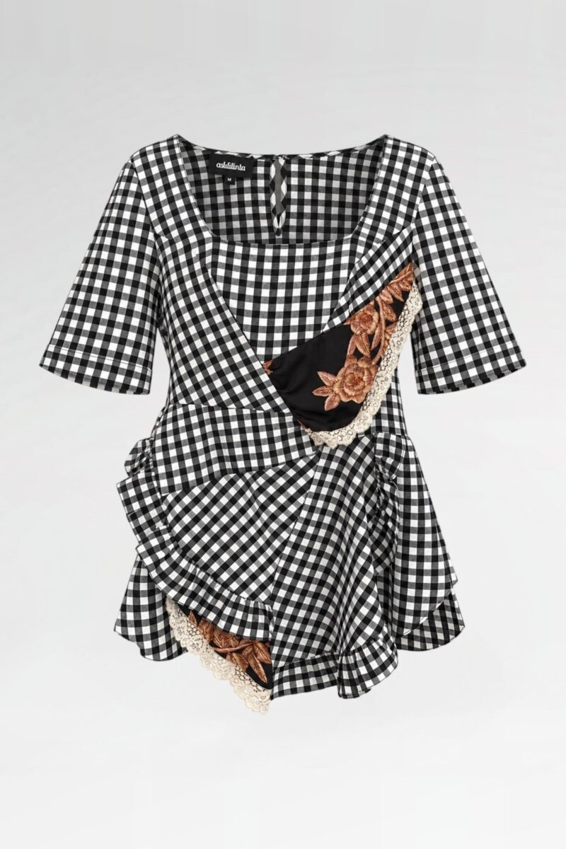 Asymmetric Gingham Wrap Tunic Blouse
