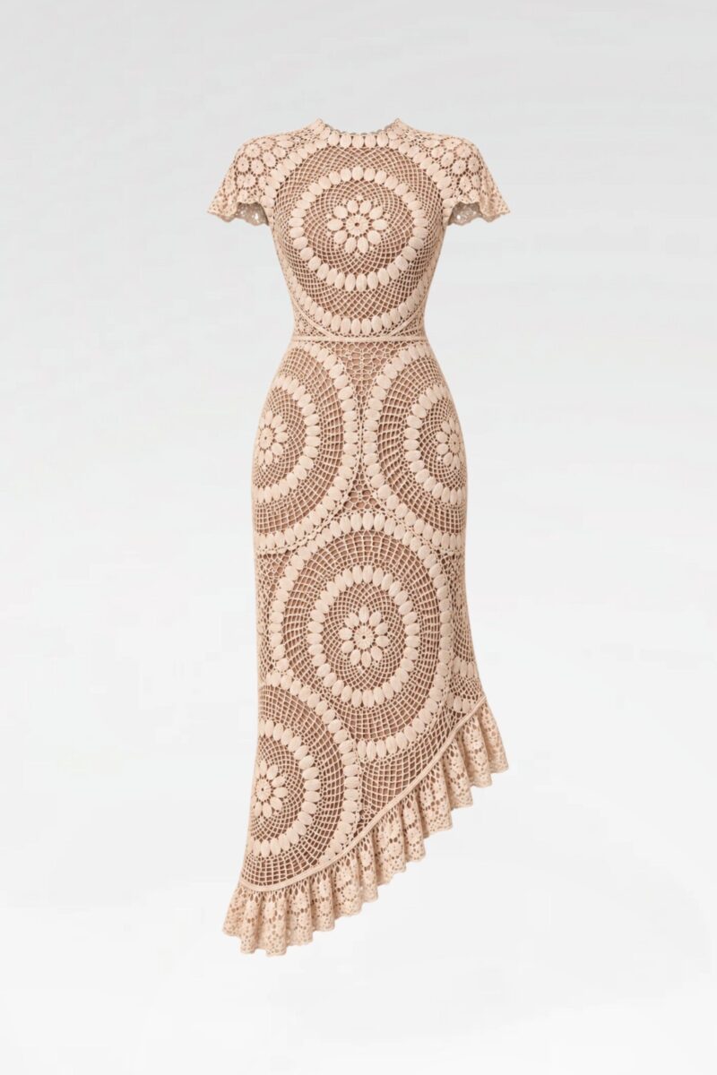 Asymmetric Ruffled Crochet-Lace Midi Dress