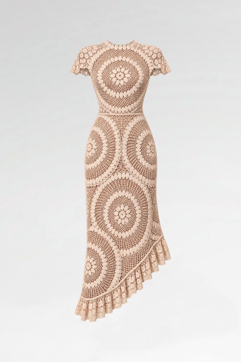 Asymmetric Ruffled Crochet-Lace Midi Dress