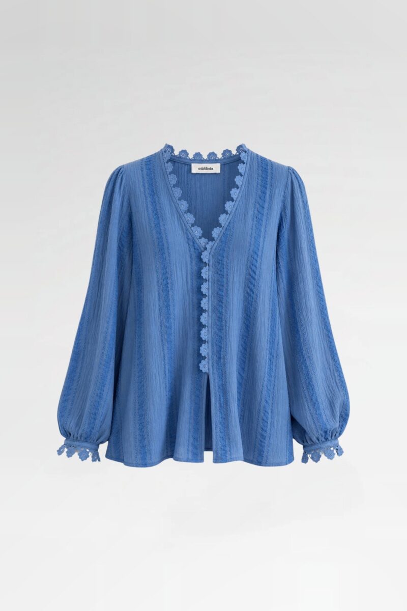 Cotton V-Neck Blouse with Crochet Trim