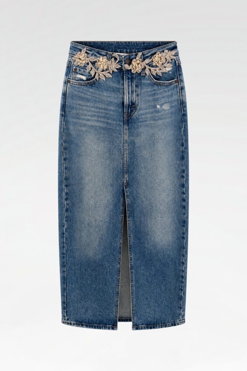Hand-Embellished Denim Maxi Skirt