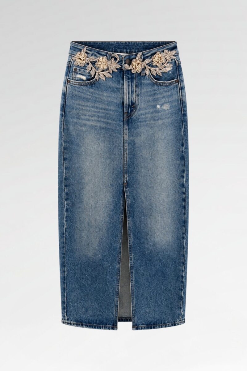 Hand-Embellished Denim Maxi Skirt