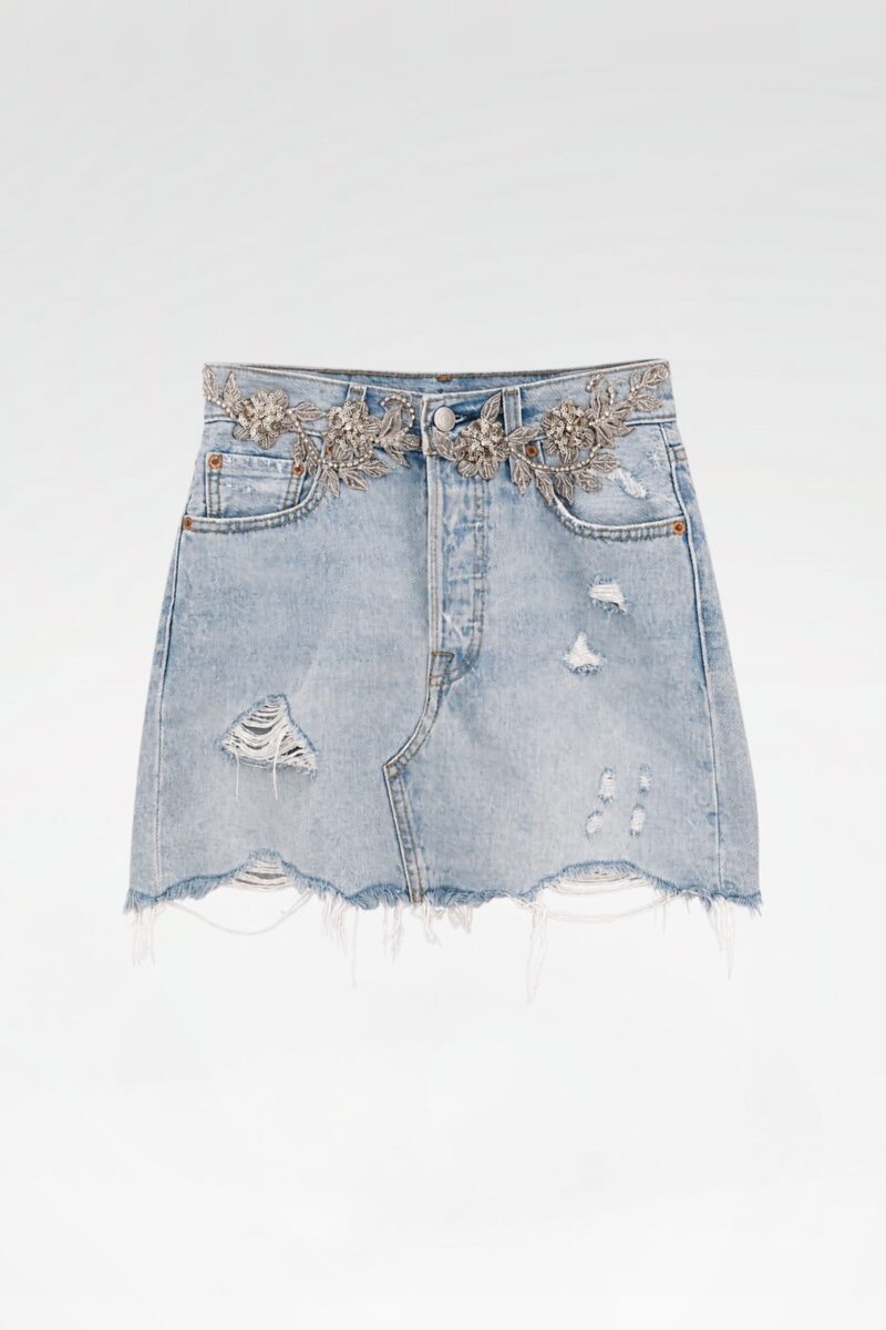 Hand-Embellished Denim Midi Skirt