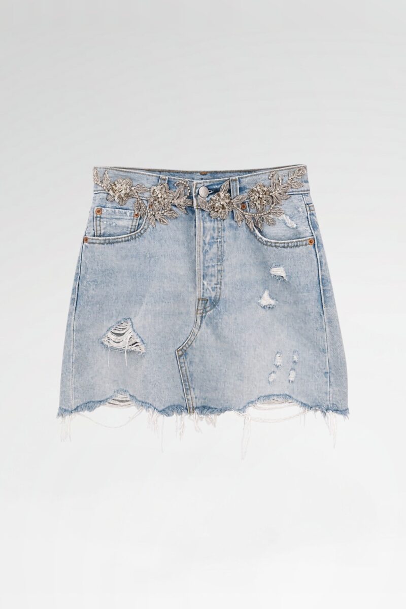 Hand-Embellished Denim Midi Skirt
