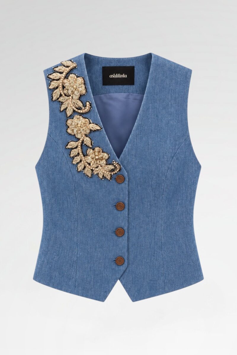 Hand-Embroidered Denim Vest