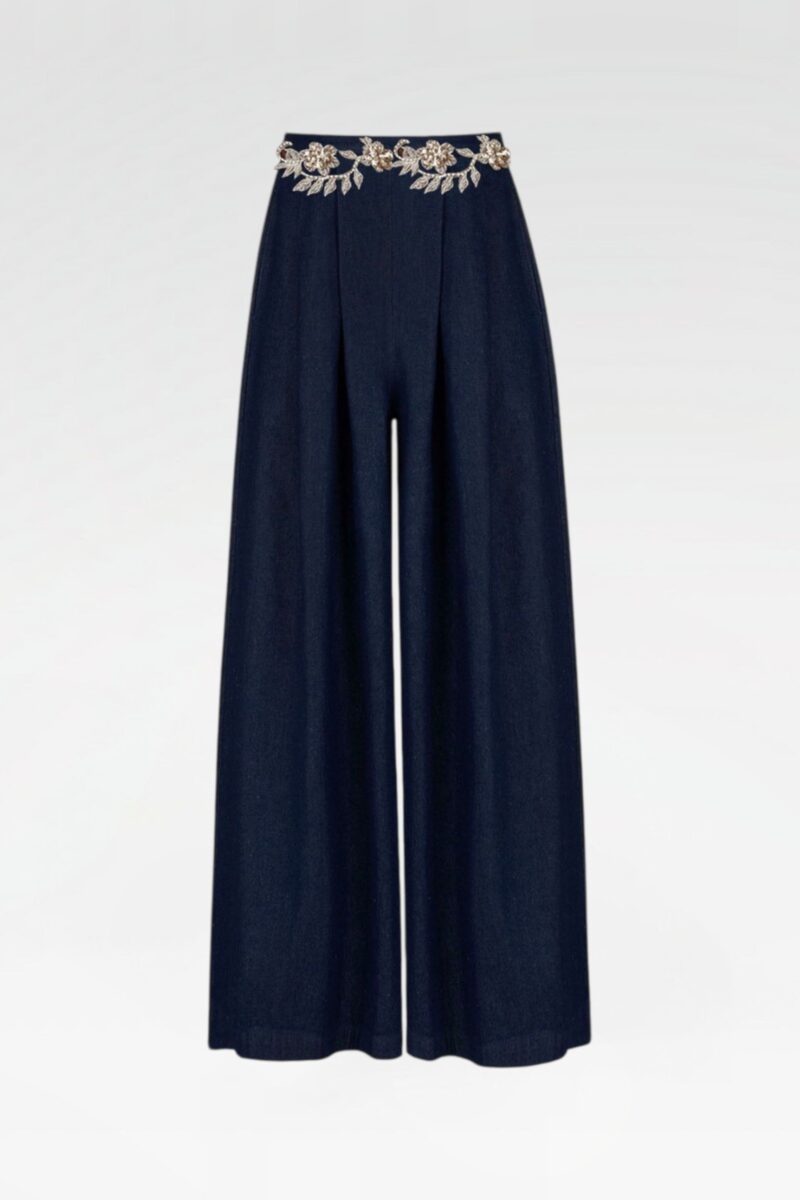 Hand-Embroidered Wide-Leg Denim Pants