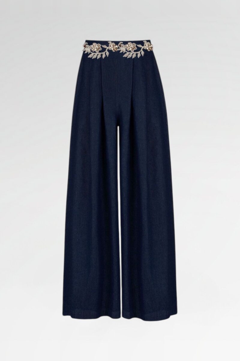 Hand-Embroidered Wide-Leg Denim Pants