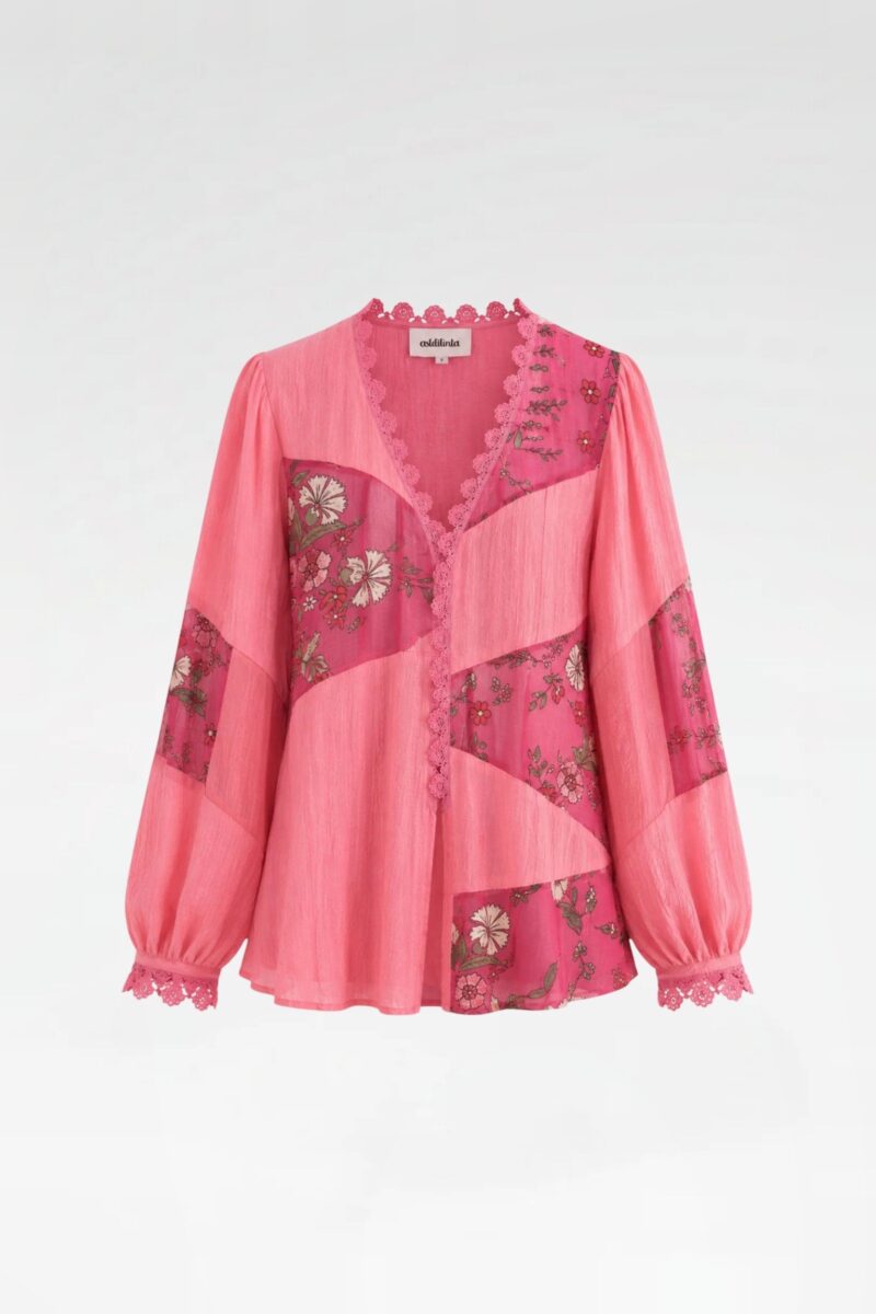 Floral-Panel Blouse with Crochet Trim