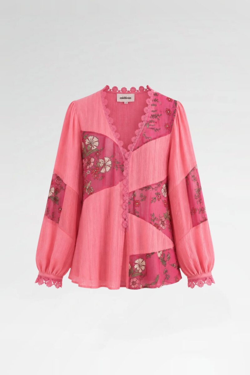 Floral-Panel Blouse with Crochet Trim