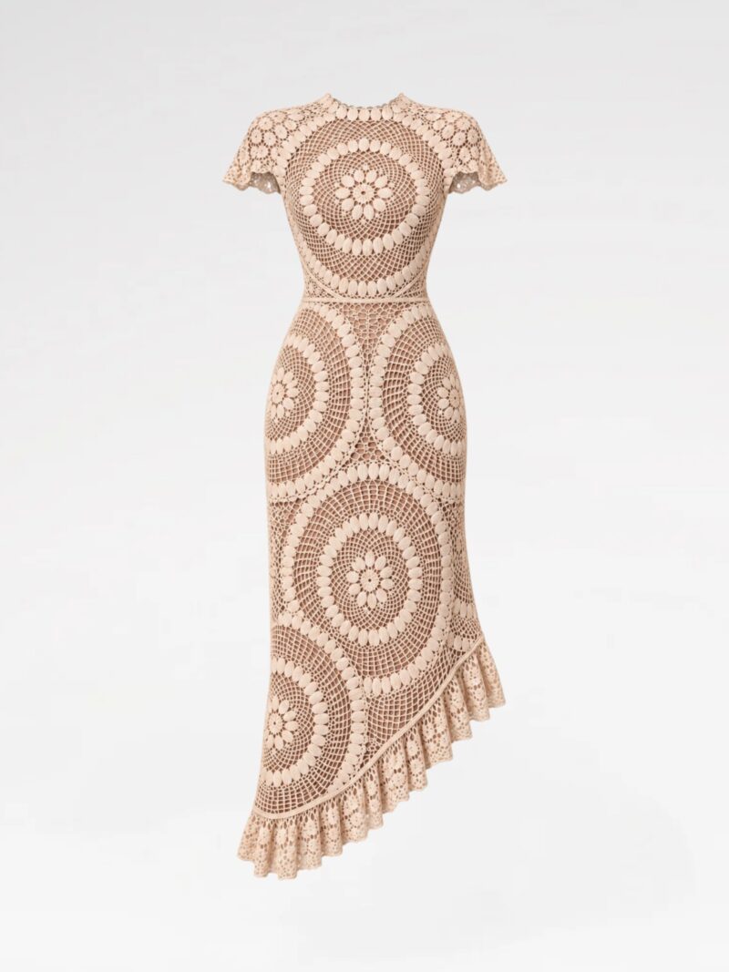 Asymmetric Ruffled Crochet-Lace Midi Dress