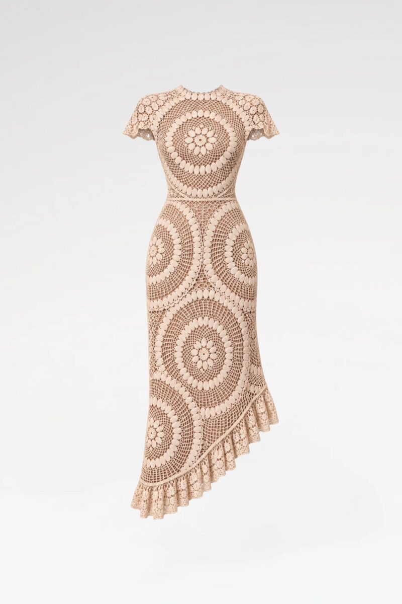 Asymmetric Ruffled Crochet-Lace Midi Dress