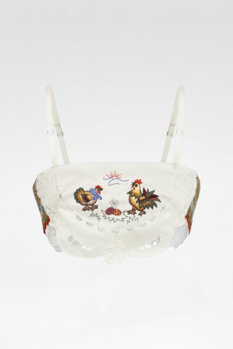 Rooster-Embroidered Lace Crop Top
