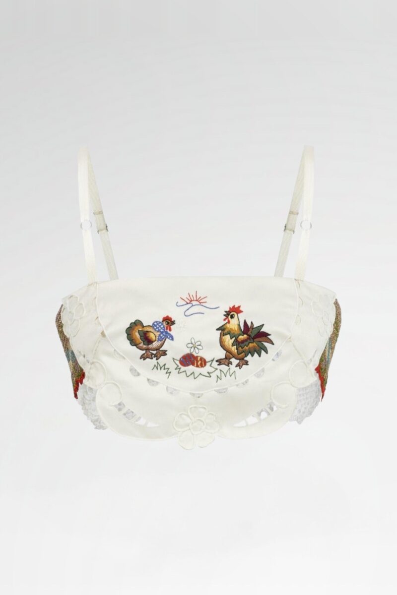 Rooster-Embroidered Lace Crop Top