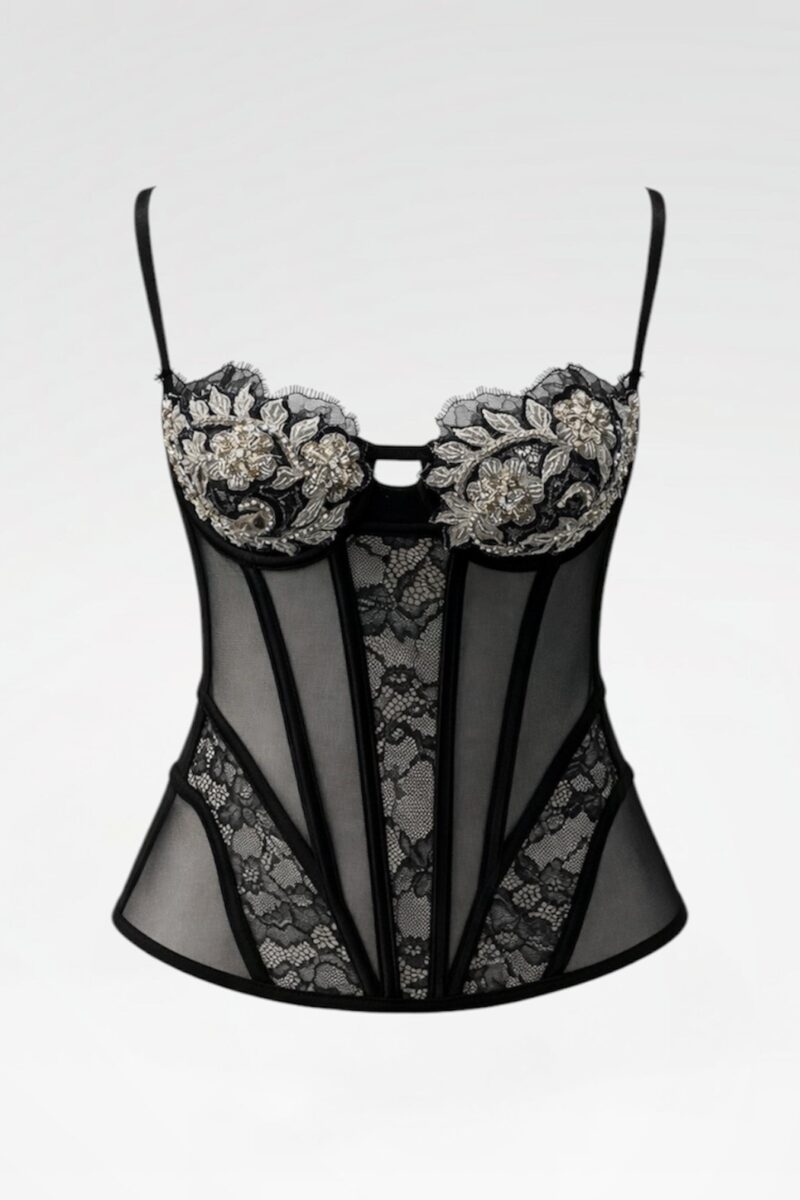 Silver Embroidered Black Mesh Corset