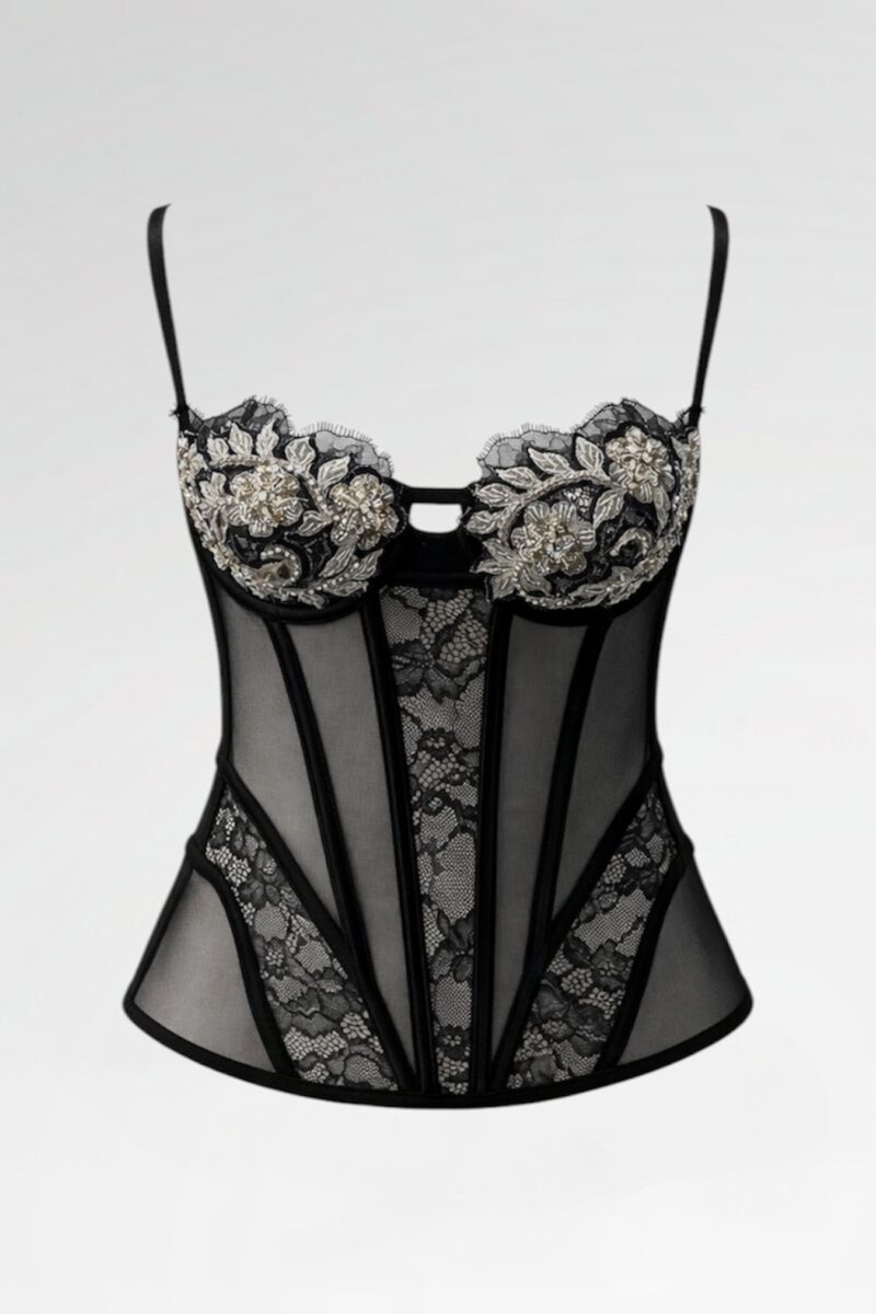 Silver Embroidered Black Mesh Corset