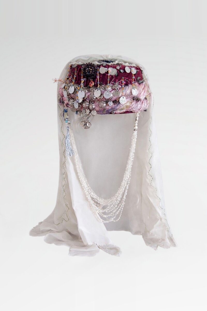 Sivas Bridal Fes Headpiece with Silver Coins and Pearl Drapes