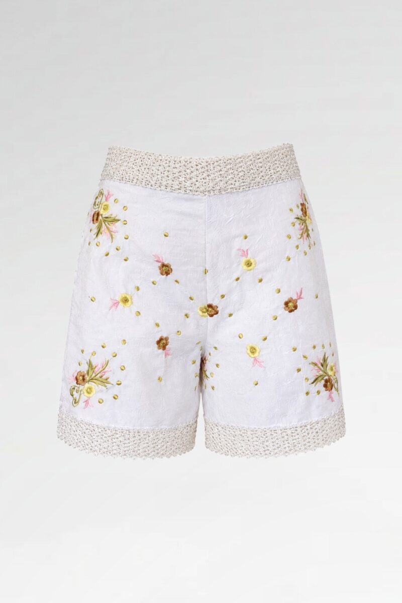 The Primrose Embroidered Crochet-Trim Shorts